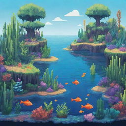 A lively pixel art style lagoon filled with fish and unique plants, created to attract and inspire a young audience