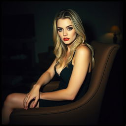 Analog film photo of a 40-year-old woman with long blonde hair and dark colored eyes, sitting in a chair in a dimly lit living room