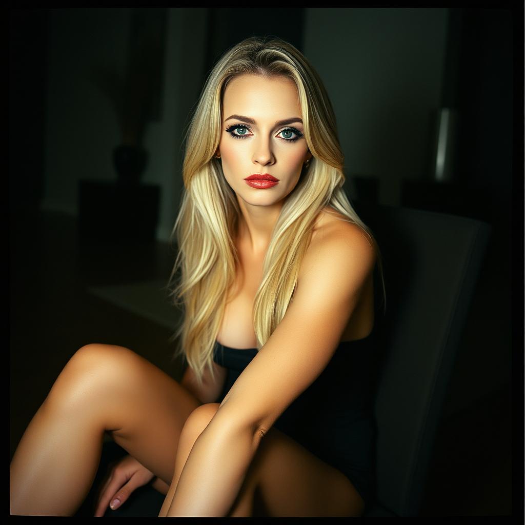 Analog film photo of a 40-year-old woman with long blonde hair and dark colored eyes, sitting in a chair in a dimly lit living room