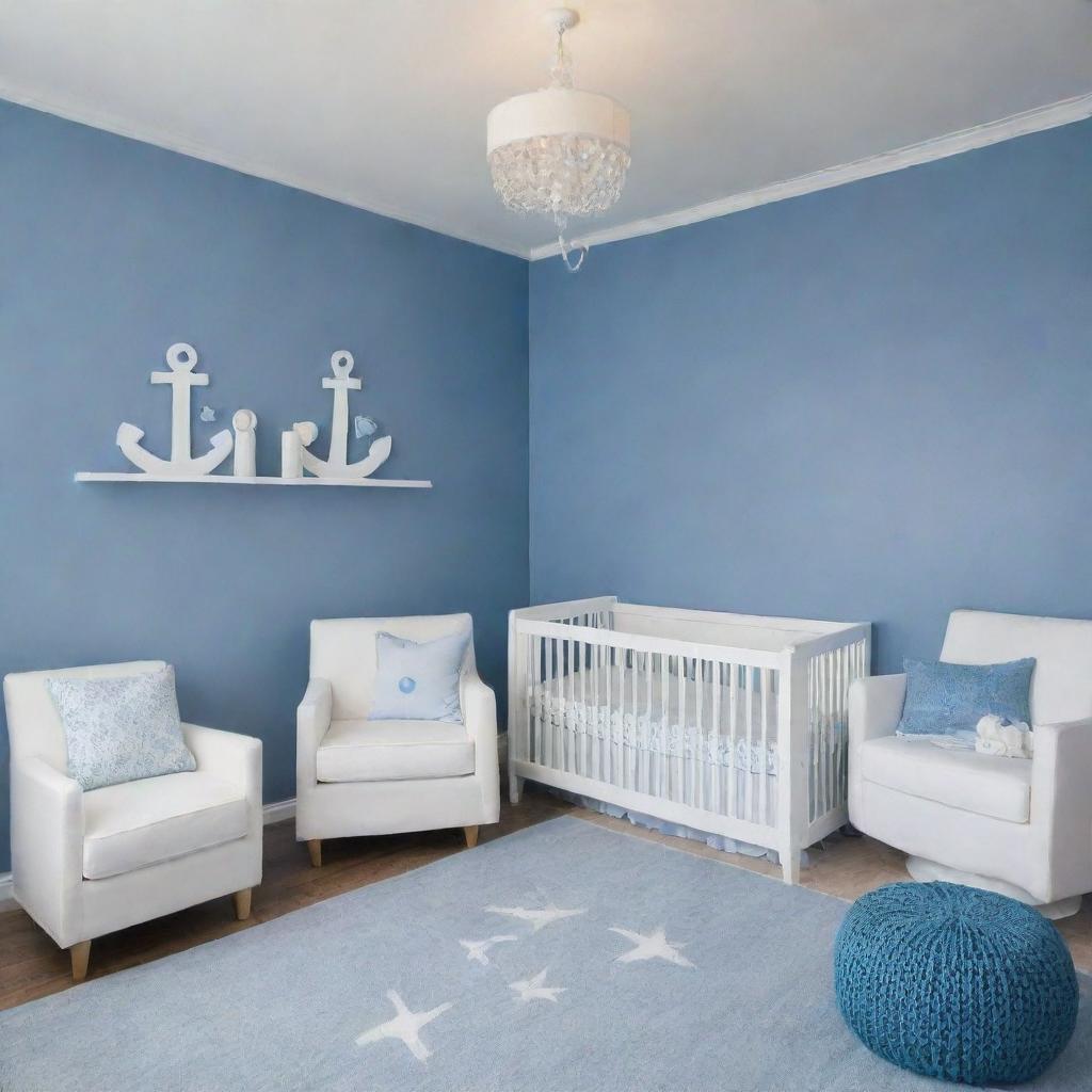 A serene, baby-proof nursery with a refreshing blue and white color scheme. The open, spacious room features wall designs with cheerful motifs in shades of blue, playfully engaging yet soothing. The white anchors the space, bringing lightness and tranquility.