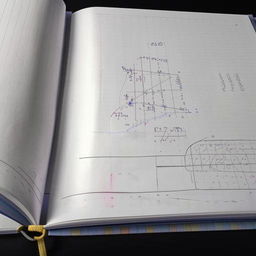 Design a physics notebook that symbolizes meticulous calculations and hidden creativity