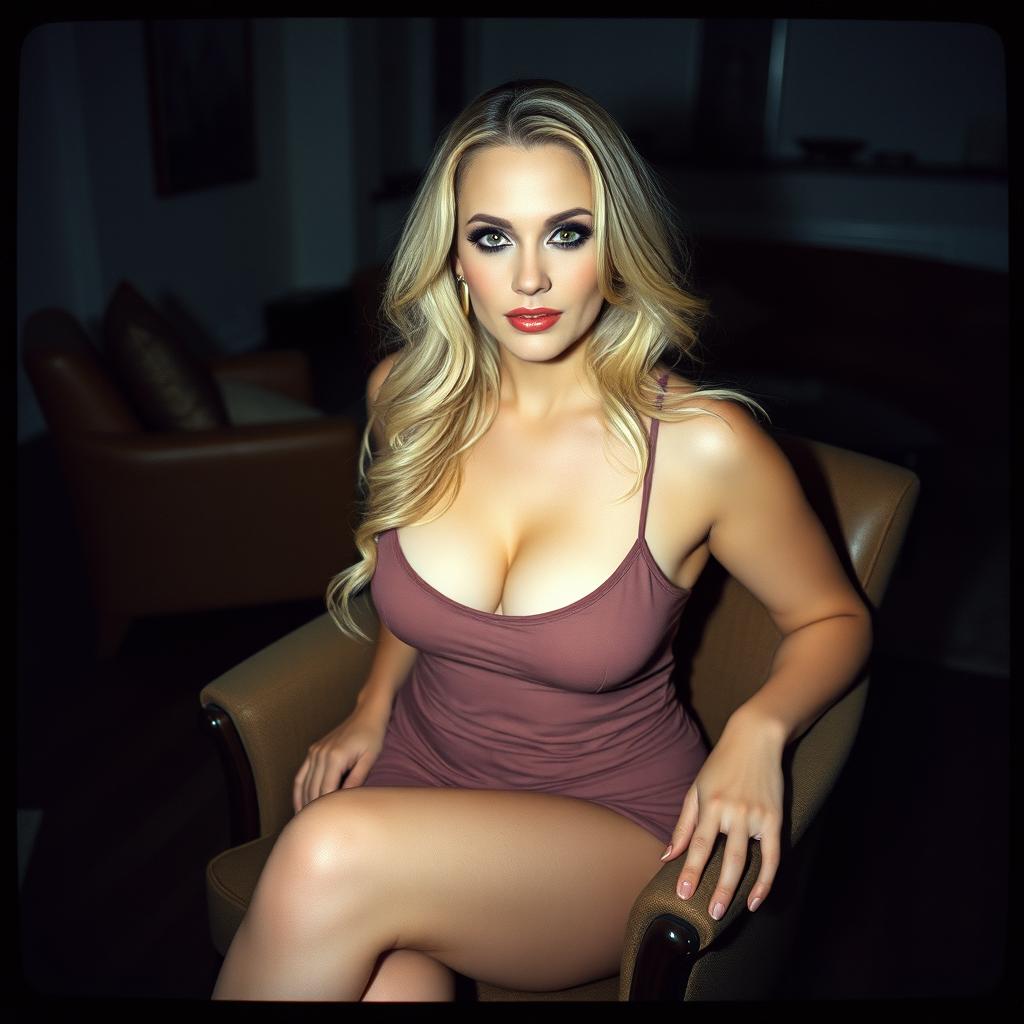 Analog film photo of a curvy 40-year-old woman with long blonde hair and dark colored eyes, sitting in a chair in a dimly lit living room