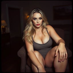 Analog film photo of a curvy 40-year-old woman with long blonde hair and dark colored eyes, sitting in a chair in a dimly lit living room