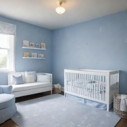 A serene, baby-proof nursery with a refreshing blue and white color scheme. The open, spacious room features wall designs with cheerful motifs in shades of blue, playfully engaging yet soothing. The white anchors the space, bringing lightness and tranquility.