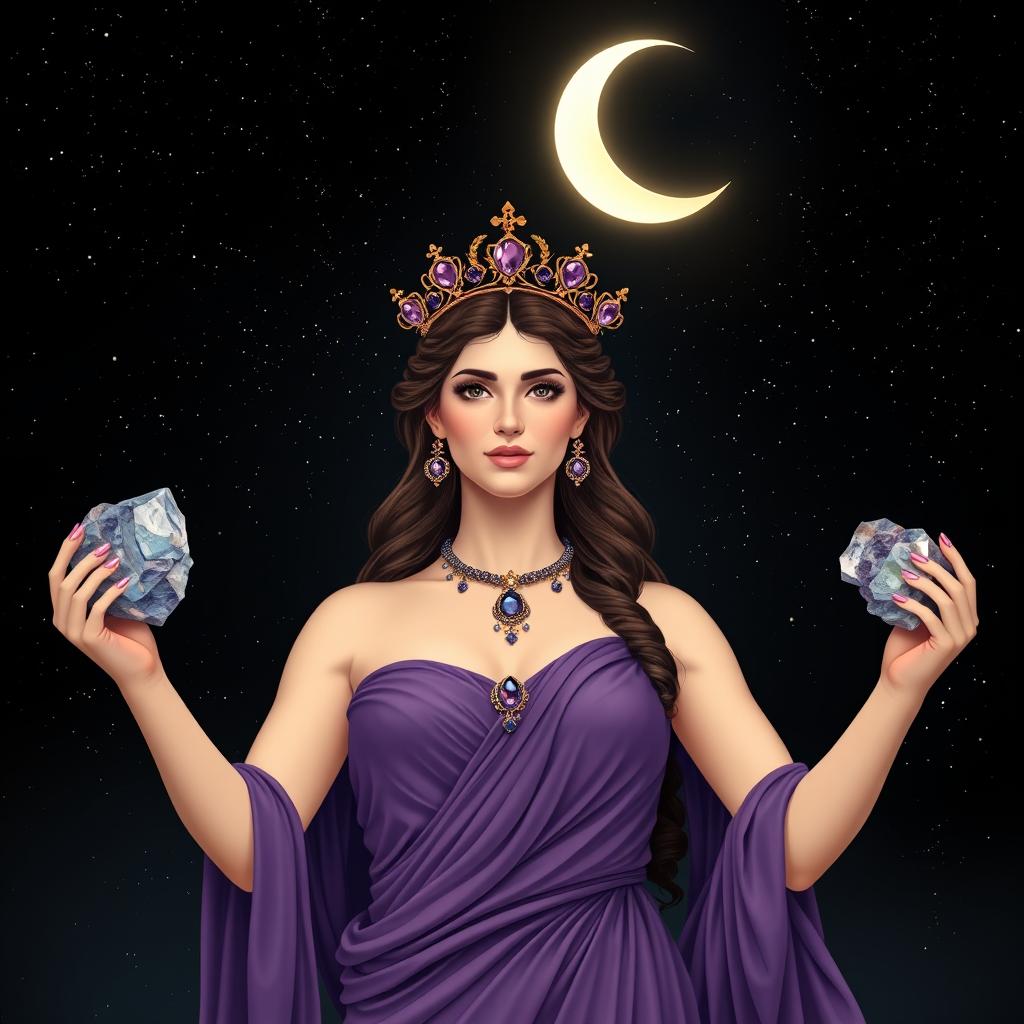 Diana, the goddess of the half-moon, stands gracefully, holding Fluorite and Sodalite crystals in her hands