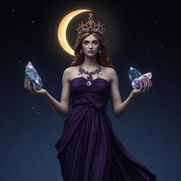 Diana, the goddess of the half-moon, stands gracefully, holding Fluorite and Sodalite crystals in her hands