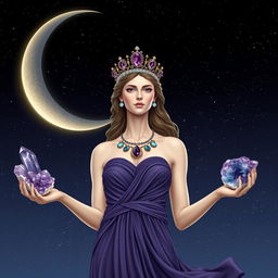 Diana, the goddess of the half-moon, stands gracefully, holding Fluorite and Sodalite crystals in her hands