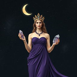 Diana, the goddess of the half-moon, stands gracefully, holding Fluorite and Sodalite crystals in her hands