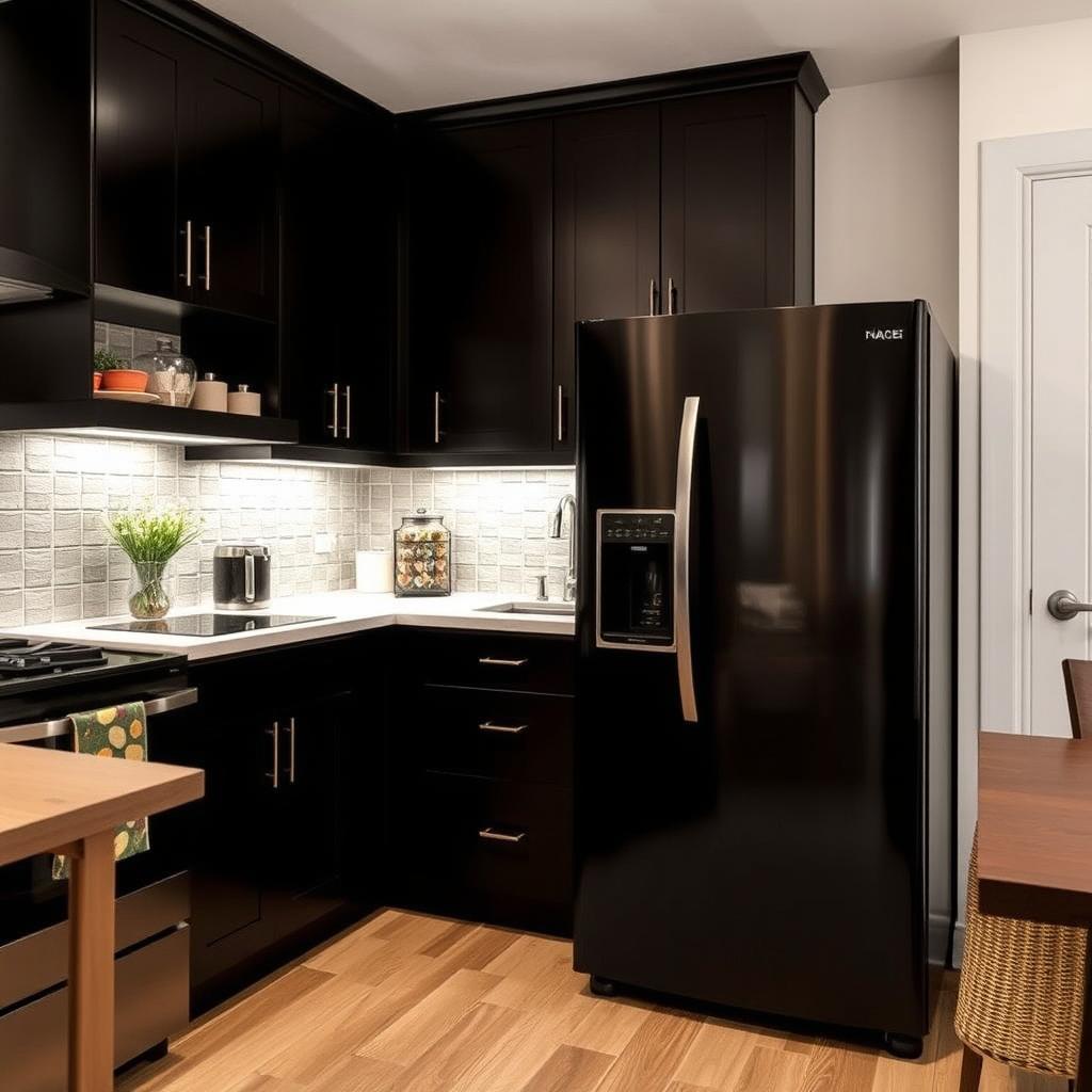 Redesign a small kitchen plan similar to style 3 and 4 but accommodate a large refrigerator that currently protrudes