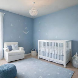 A serene, baby-proof nursery with a refreshing blue and white color scheme. The open, spacious room features wall designs with cheerful motifs in shades of blue, playfully engaging yet soothing. The white anchors the space, bringing lightness and tranquility.