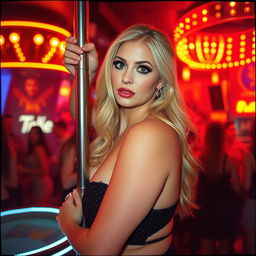 Analog film photo of a curvy 40-year-old woman with long blonde hair and dark colored eyes, elegantly dancing on a pole in a lively, bustling club