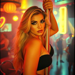 Analog film photo of a curvy 40-year-old woman with long blonde hair and dark colored eyes, elegantly dancing on a pole in a lively, bustling club