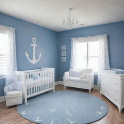 A serene, baby-proof nursery with a refreshing blue and white color scheme. The open, spacious room features wall designs with cheerful motifs in shades of blue, playfully engaging yet soothing. The white anchors the space, bringing lightness and tranquility.