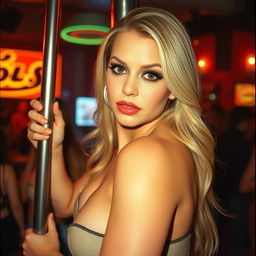 Analog film photo of a curvy 40-year-old woman with long blonde hair and dark colored eyes, elegantly dancing on a pole in a lively, bustling club