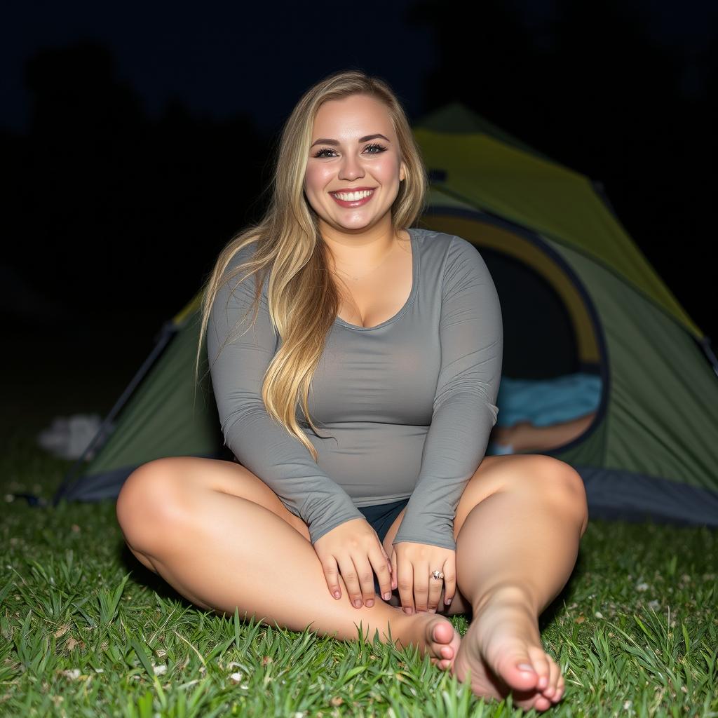 iPhone photo of a chubby woman with long blonde hair, exuding happiness and a radiant smile