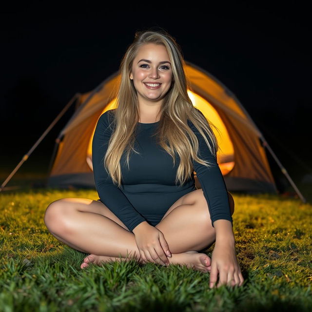 iPhone photo of a chubby woman with long blonde hair, exuding happiness and a radiant smile