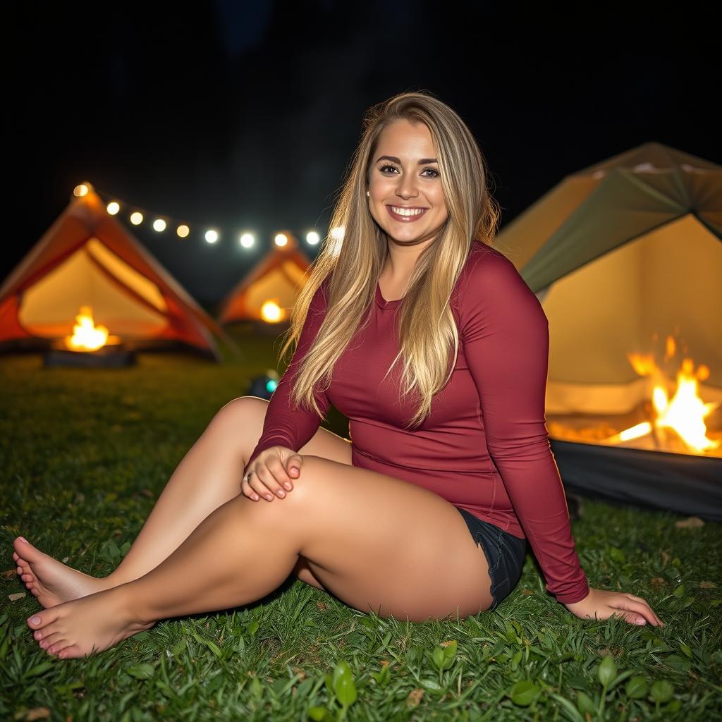 iPhone photo of a chubby woman with long blonde hair, exuding happiness and a radiant smile