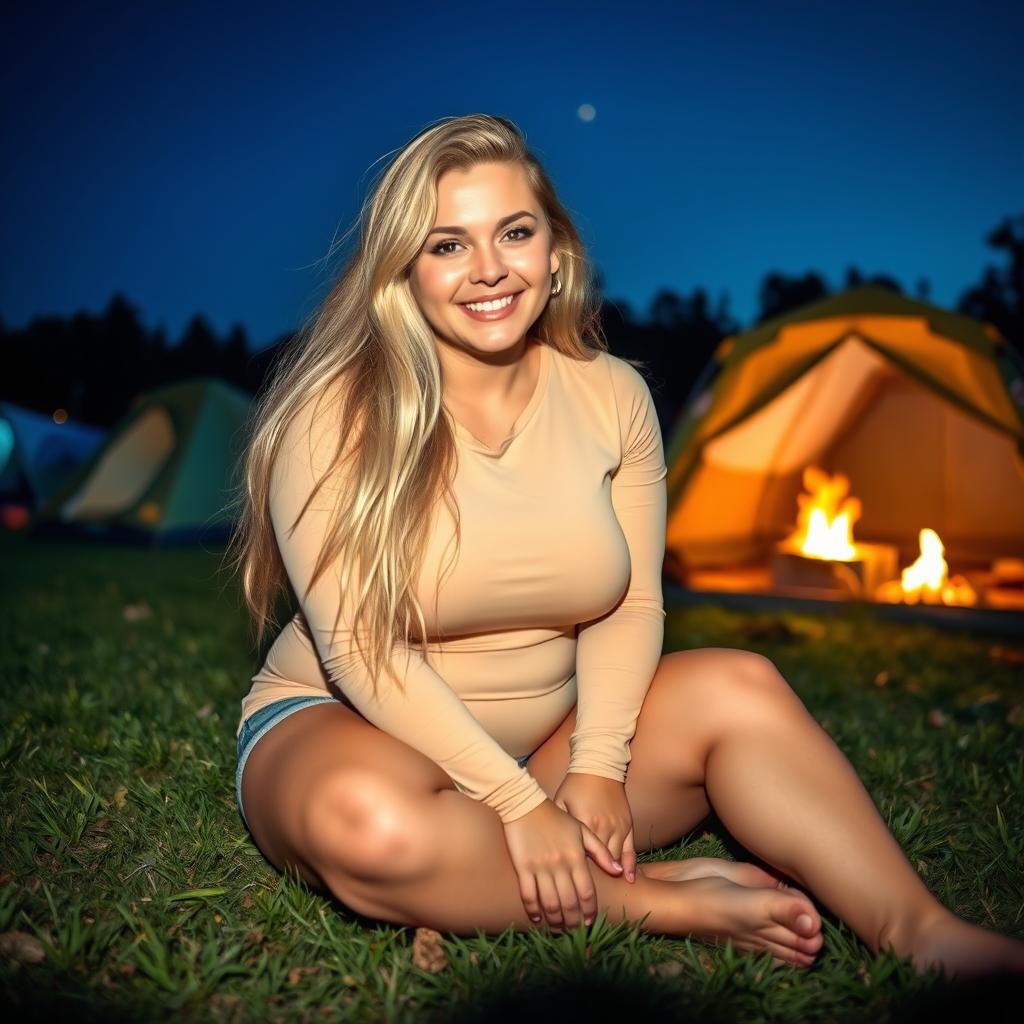 iPhone photo of a chubby woman with long blonde hair, exuding happiness and a radiant smile