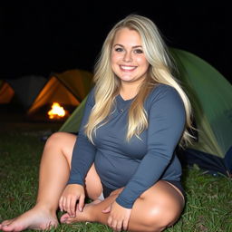 iPhone photo of a chubby woman with long blonde hair, exuding happiness and a radiant smile