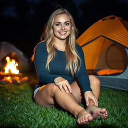 iPhone photo of a chubby woman with long blonde hair, radiating happiness and a vibrant smile