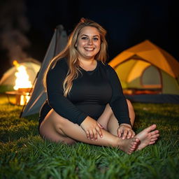 iPhone photo of a chubby woman with long blonde hair, radiating happiness and a vibrant smile