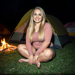 iPhone photo of a chubby woman with long blonde hair, radiating happiness and a vibrant smile