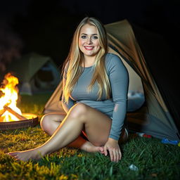 iPhone photo of a chubby woman with long blonde hair, radiating happiness and a vibrant smile