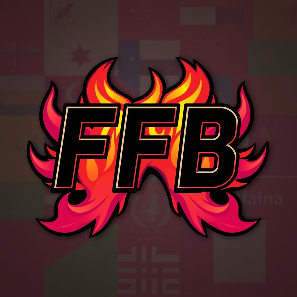 A gamer-style logo for a clan featuring the letters 'FFB', incorporating both feminine and masculine elements, with dynamic flames and the flags of Latin America in the background