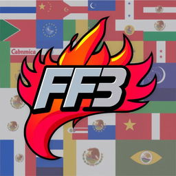 A gamer-style logo for a clan featuring the letters 'FFB', incorporating both feminine and masculine elements, with dynamic flames and the flags of Latin America in the background