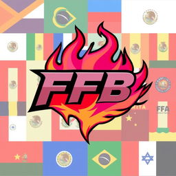 A gamer-style logo for a clan featuring the letters 'FFB', incorporating both feminine and masculine elements, with dynamic flames and the flags of Latin America in the background