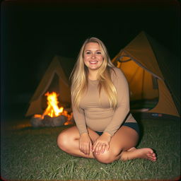 An analog photo capturing a chubby woman with long blonde hair, radiating happiness and a vibrant smile