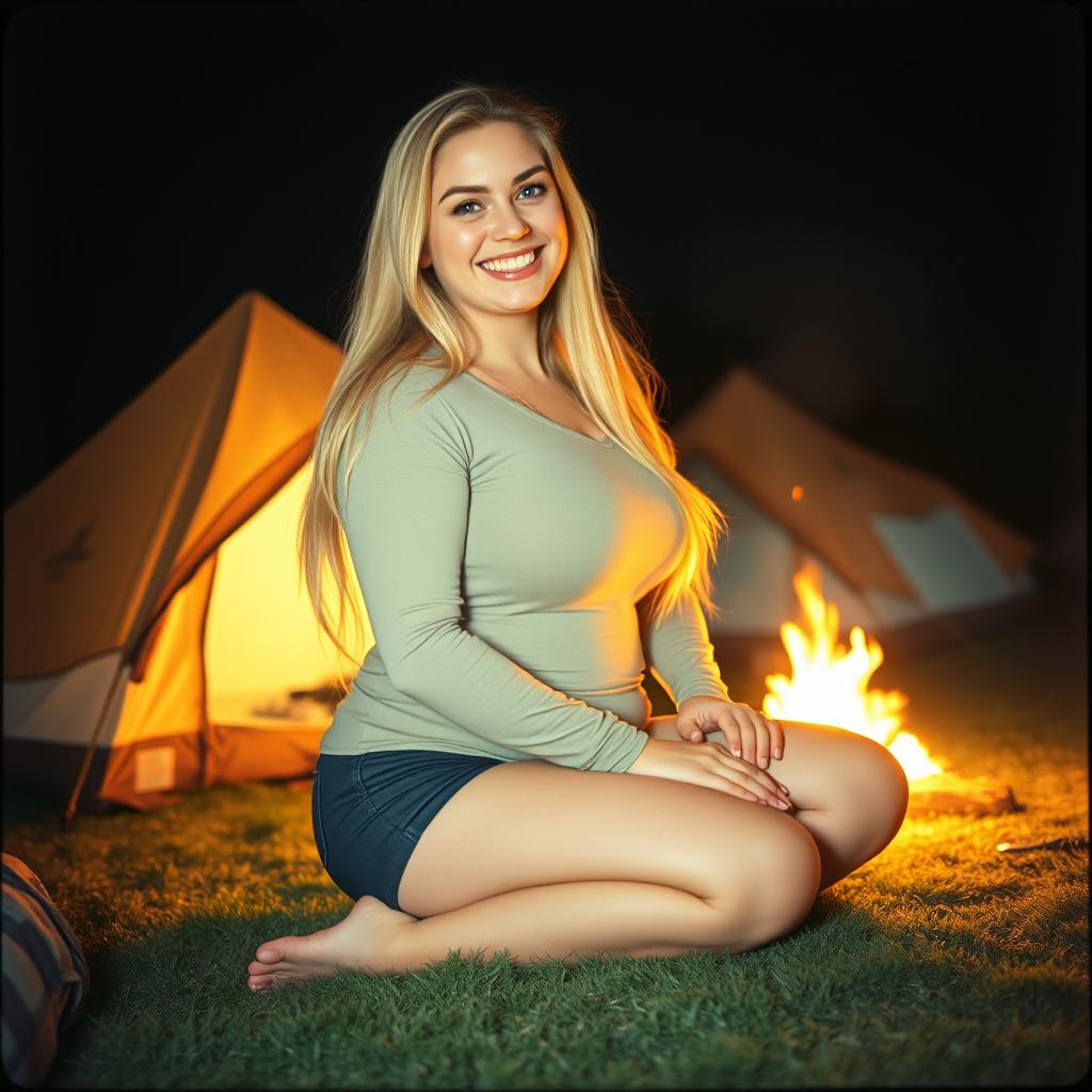 An analog photo capturing a chubby woman with long blonde hair, radiating happiness and a vibrant smile