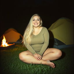 An analog photo capturing a chubby woman with long blonde hair, radiating happiness and a vibrant smile