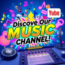 A lively and eye-catching YouTube thumbnail for a video introducing a music channel