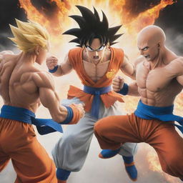 An epic showdown between Goku from Dragon Ball Z, Luffy from One Piece, Ichigo from Bleach, and Saitama from One Punch Man in a dynamic and exciting battle scene.