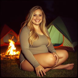 An analog photo capturing a chubby woman with long blonde hair, radiating happiness and a vibrant smile