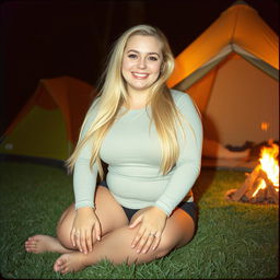 An analog photo capturing a chubby woman with long blonde hair, radiating happiness and a vibrant smile