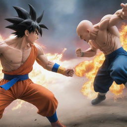 An epic showdown between Goku from Dragon Ball Z, Luffy from One Piece, Ichigo from Bleach, and Saitama from One Punch Man in a dynamic and exciting battle scene.