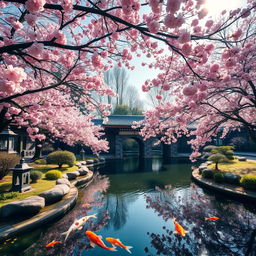 A serene palace garden during springtime, bursting with vibrant cherry blossom trees in full bloom, and a tranquil pond with koi fish swimming gracefully