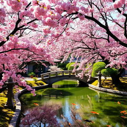 A serene palace garden during springtime, bursting with vibrant cherry blossom trees in full bloom, and a tranquil pond with koi fish swimming gracefully