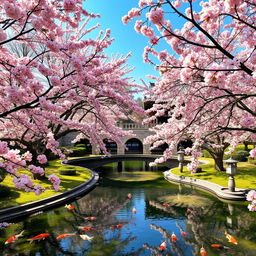 A serene palace garden during springtime, bursting with vibrant cherry blossom trees in full bloom, and a tranquil pond with koi fish swimming gracefully