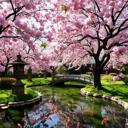 A serene palace garden during springtime, bursting with vibrant cherry blossom trees in full bloom, and a tranquil pond with koi fish swimming gracefully