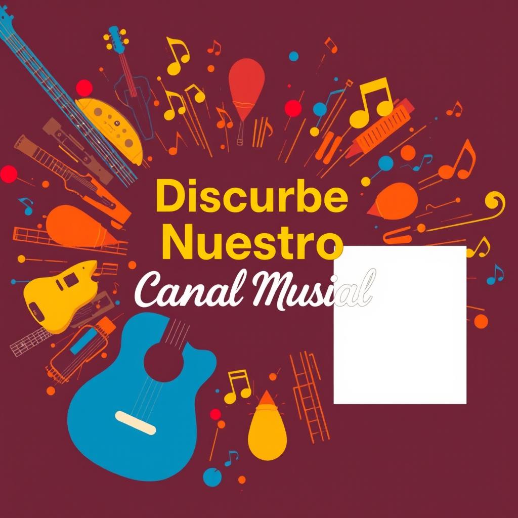 Miniatura vistosa para un video de introducción a un canal de música, con espacio reservado para insertar una foto personal