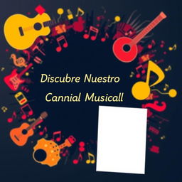 Miniatura vistosa para un video de introducción a un canal de música, con espacio reservado para insertar una foto personal