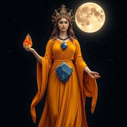 The Goddess of Dawn stands regally, wearing a flowing saffron-colored dress that complements the morning light