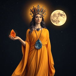 The Goddess of Dawn stands regally, wearing a flowing saffron-colored dress that complements the morning light