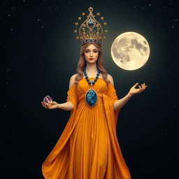 The Goddess of Dawn stands regally, wearing a flowing saffron-colored dress that complements the morning light