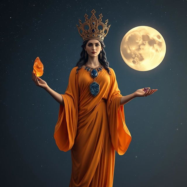 The Goddess of Dawn stands regally, wearing a flowing saffron-colored dress that complements the morning light