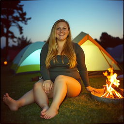 An analog photo of a chubby woman with long blonde hair, exuding happiness and a cheerful smile