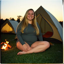 An analog photo of a chubby woman with long blonde hair, exuding happiness and a cheerful smile